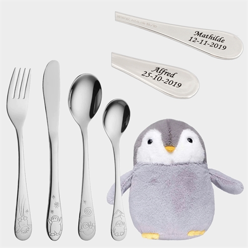 Børne bestik m. pingvin - Gratis Gravering 