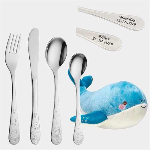 Børne bestik med hval inkl. bamse - Gratis Gravering 